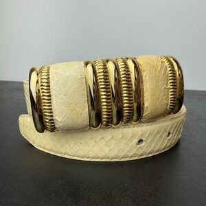 VTG Beige Leather Shop Belt Genuine Snakeskin Womens Sz Small Gold Buckle 32"
